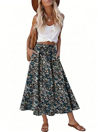 Women's Print Midi Skirt with Pocket | Elastic High Waist 2026 Trendy A-Line Bohemian Leopard Swing Skirt
